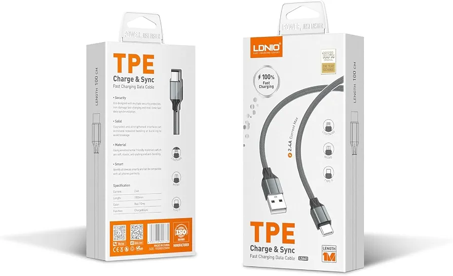 612kA5K6PqL._AC_UF894,1000_QL80_FMwebp_ LDNIO LS441 Lightning 2.4A Fast charging Data Cable 1M Length - Gray - Image 1